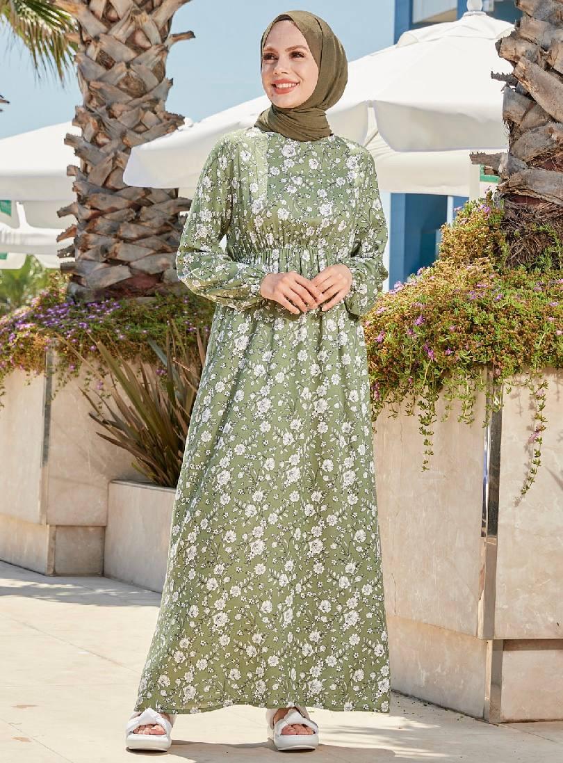 Floral Green Long Dress by MODANISA