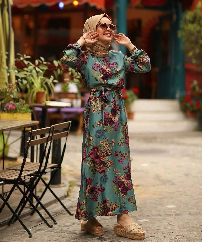 Floral Teal Long Dress by MODANISA