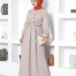 Plain Beige Long Dress by MODANISA