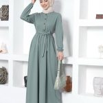 Plain Green Long Dress by MODANISA